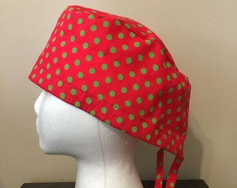 Red with Kelly Green Polka Dots Scrub Cap. Surgery Cap, Scrub Caps, Scrub Hat