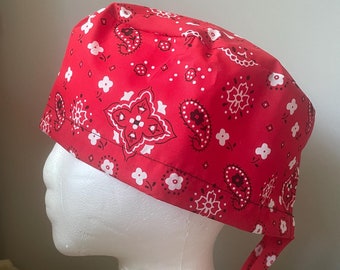 Red Bandana Scrub Cap *Last with black tie - Surgery Cap - Scrub Caps Hat - Surgical Cap Hat