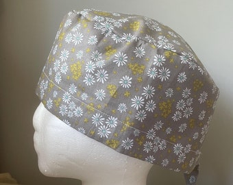 Daisies on Gray Scrub Cap *Last with white tie - Surgery Cap - Scrub Caps Hat - Surgical Cap Hat
