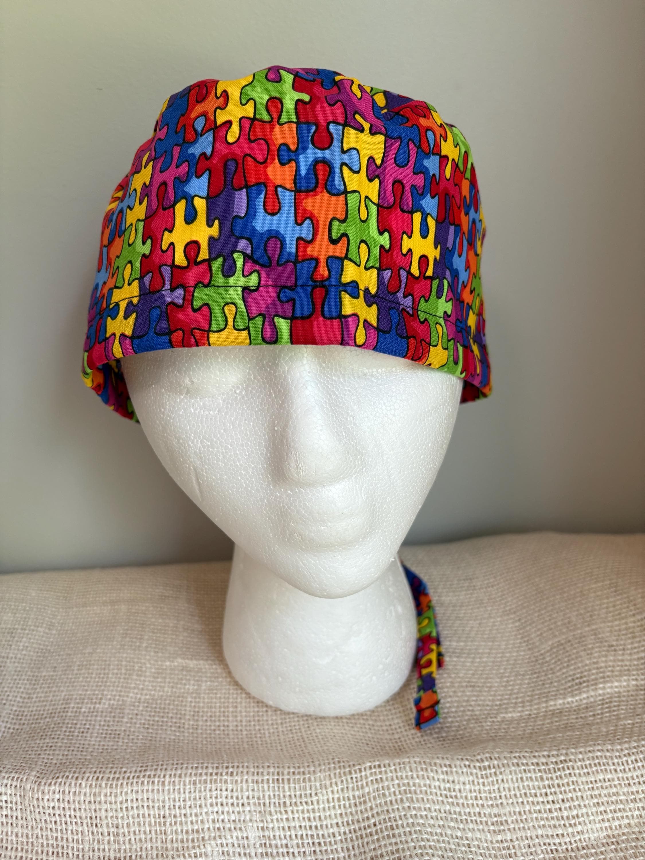Multicolored Puzzle Pieces Scrub Cap - OR Surgical Surgery Hat - Autism ...