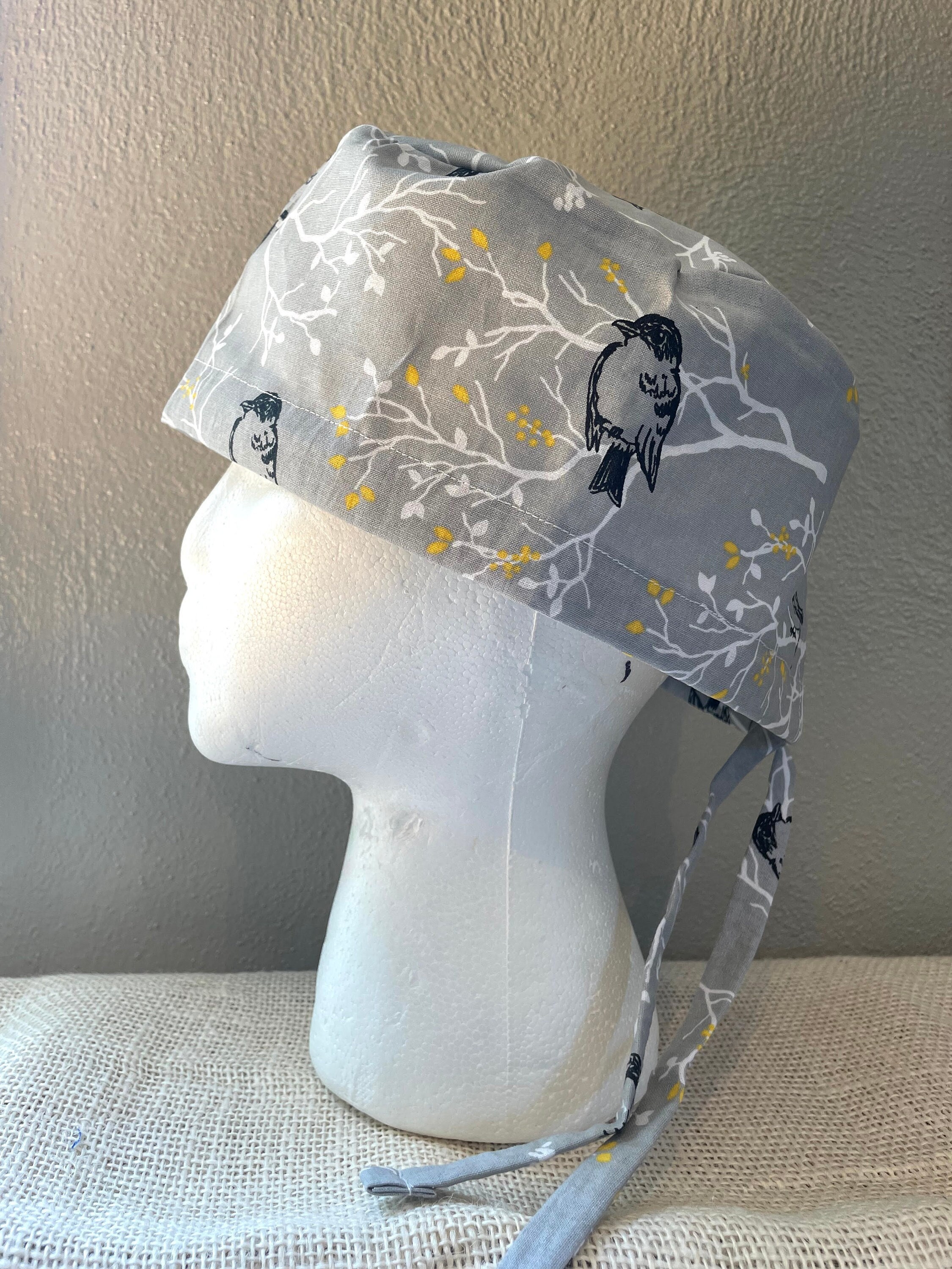 Birds on Gray Scrub Cap - Surgery Cap - Scrub Caps Hat - Surgical Cap Hat