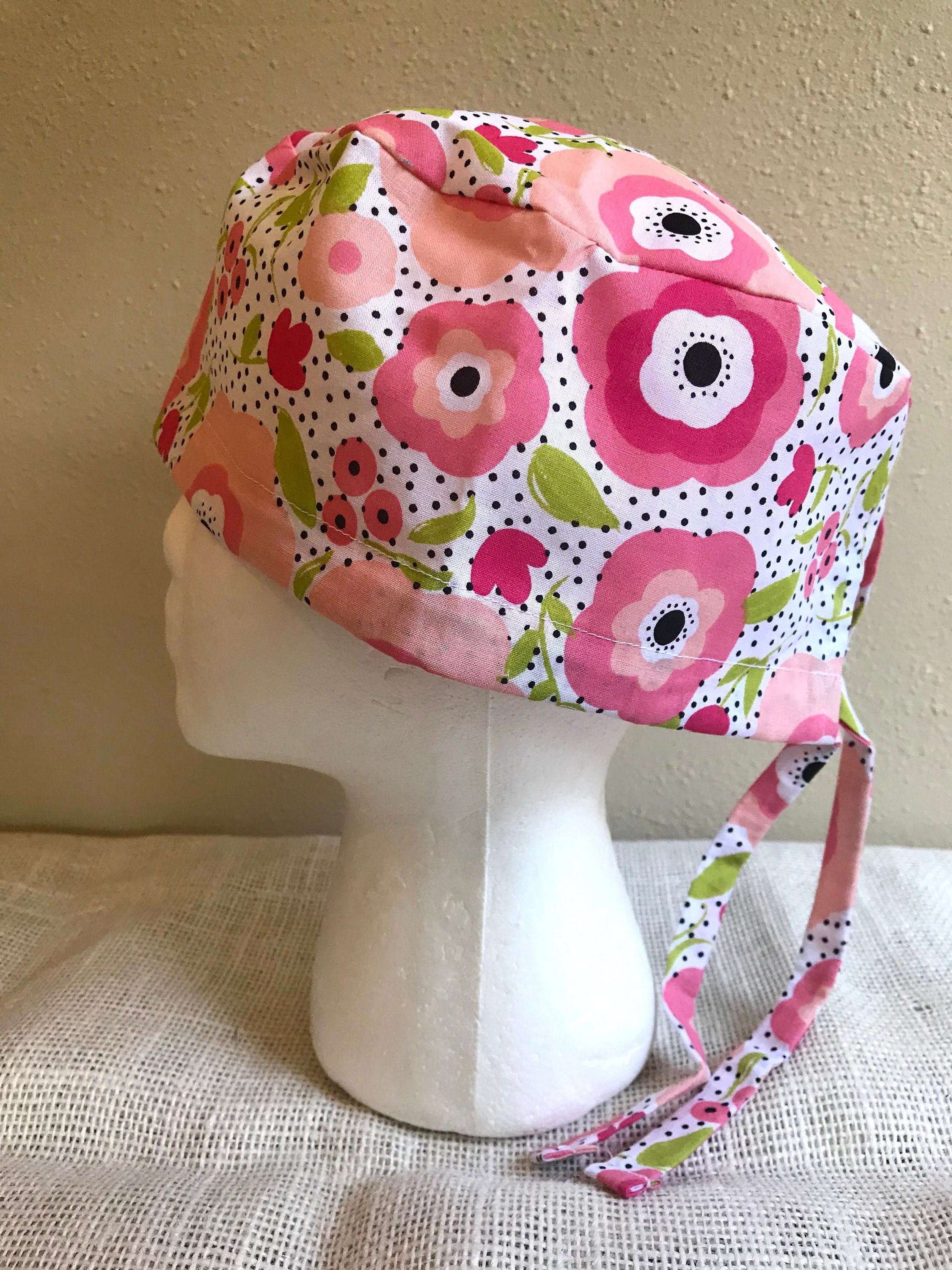 Pink Flowers on Polka Dots Scrub Cap - Surgery Cap - Scrub Caps Hat ...