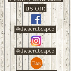 May include: Image with the text "Follow and Like us on:" and social media icons for Facebook, Instagram, and Etsy. The Etsy icon is orange. The Instagram icon is a gradient of colors. The background is a wood grain pattern.