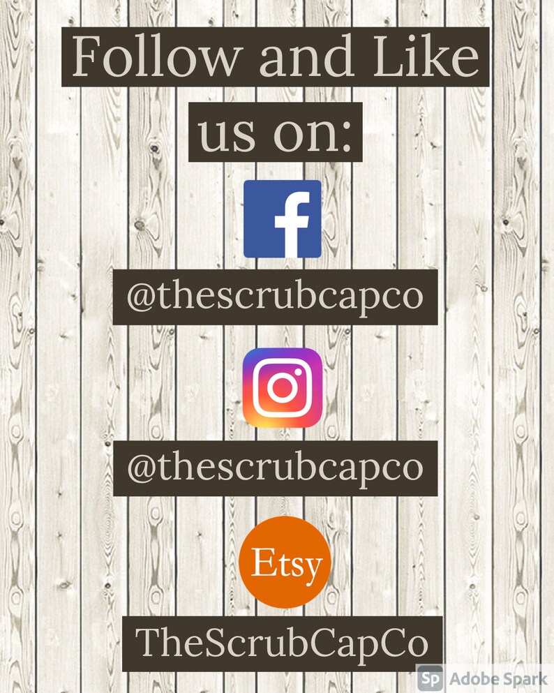 May include: Image with the text "Follow and Like us on:" and social media icons for Facebook, Instagram, and Etsy. The Etsy icon is orange. The Instagram icon is a gradient of colors. The background is a wood grain pattern.