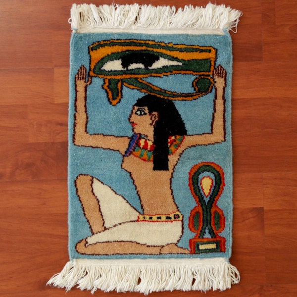 Egyptian Wall Art Eye of Horus 70s Decor Vintage Wall Hanging 1970s Tapestry Fringe Rug Painting Retro Wall Art Mythology Boho Bohemian Blue