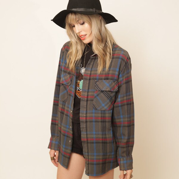 Flannel Plaid Shirt 90s Grunge Button Up 1990s Boyfriend Oversized Long Sleeve Faded Grey Red Blue Vintage Lumberjack Oversize Small Medium