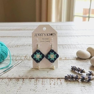 Handmade Crochet Granny Square Earrings with Beads.