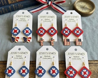 Micro Crochet, Granny Square Earrings.  USA, 4th of July, red white and blue.