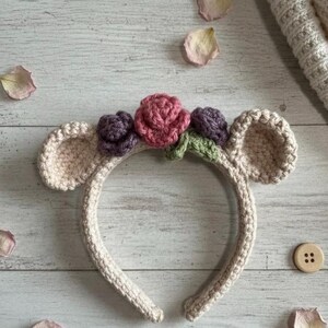 Crochet Bear Ears Headband: Floral Girls Costume, Photo Prop
