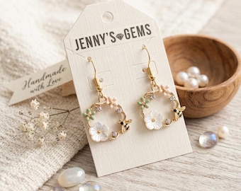 Pendientes colgantes con diseño de jardín floral y corona de abejas.