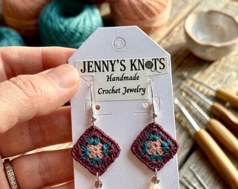 Handmade Crochet Granny Square Earrings with Beads.