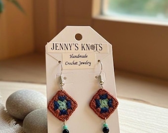 Micro Crochet Granny Square Earrings with Sandstone Beads