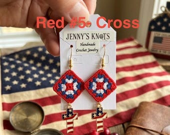 Micro Crochet, Granny Square Earrings.  USA, America, 4th of July, red, white, and blue.