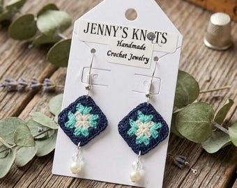 Handmade Crochet Granny Square Earrings with Beads.