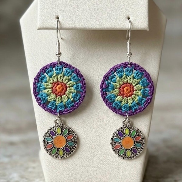 Crochet, Granny Square, Crochet Earrings with multi-colored charms.