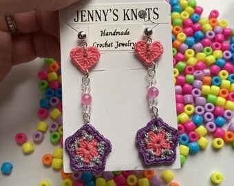 Micro crochet, granny square and heart, stud earrings.