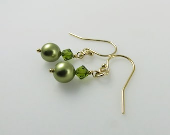 Olive Green Pearl Drop Earrings - Swarovski, Gold Fill - Ready to Ship (E239A)