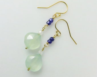 Aqua Chalcedony and Cubic Zirconia Dangle Earrings - Gold Fill, Gemstone Beads - Ready to Ship (E232)