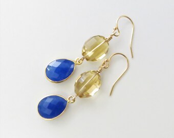 Lapis Lazuli and Whiskey Quartz Dangle Earrings - Gold Fill - Ready to Ship (E141)
