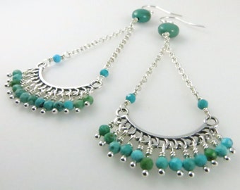 Turquoise & Silver Chandelier Earrings - Sterling Silver, Gemstone Beads - Ready to Ship (E182)