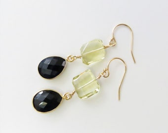 Lemon Quartz and Black Onyx Dangle Earrings - Gold Fill - Ready to Ship (E143)