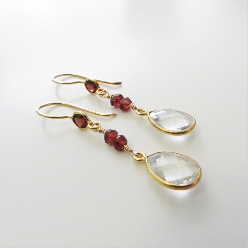 Crystal and Garnet Dangle Earrings Gold Fill, Gemstone Beads Ready to Ship E145 image 2