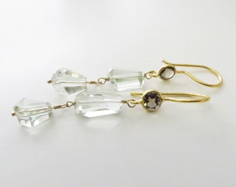 Green Amethyst, Smoky Quartz Earrings - Gold Fill - Ready to Ship (E237)