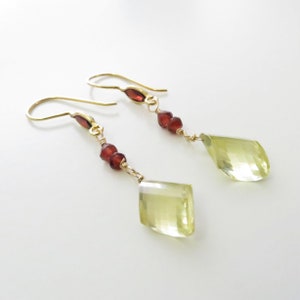 Lemon Quartz and Garnet Dangle Earrings Gold Fill, Gemstone Beads Ready to Ship E131 image 3