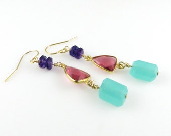 Boho Dangle Earrings - Gold Fill, Swarovski Crystal - Ready to Ship (E214)