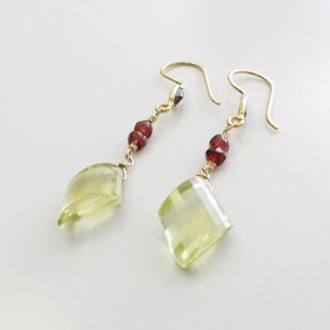 Lemon Quartz and Garnet Dangle Earrings Gold Fill, Gemstone Beads Ready to Ship E131 image 4