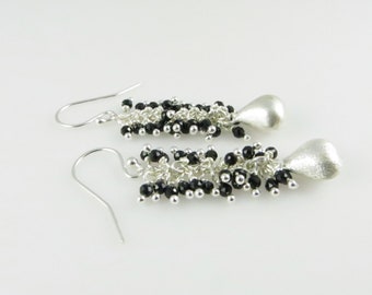 Silver & Black Spinel Cluster Earrings - Sterling Silver, Gemstone Beads - Ready to Ship (E174)
