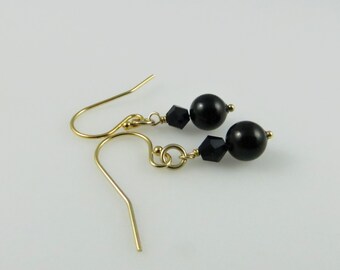 Black Pearl Drop Earrings - Swarovski, Gold Fill - Ready to Ship (E239B)