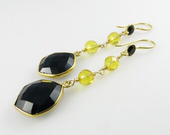 Black Spinel & Citrine Dangle Earrings - Gold Fill, Gemstone Beads - Ready to Ship (E136)