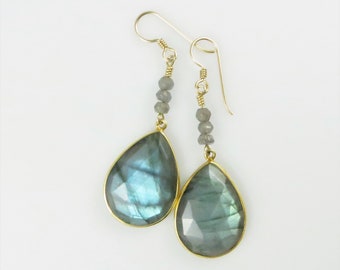 Statement Labradorite Teardrop Earrings - Gold Fill, Gemstone Beads - Ready to Ship (E156)