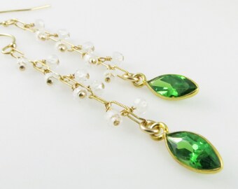 Green Zircon & White CZ Dangle Earrings - Gold Fill, Gemstone Beads - Ready to Ship (E162)