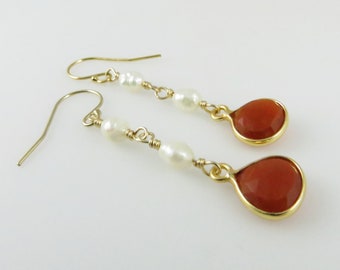 Pearl & Carnelian Earrings - Gold Fill, Gemstone Beads - Ready to Ship (E168)