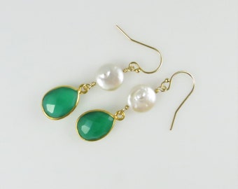 Coin Pearl & Green Onyx Earrings - Gold Fill, Gemstone Beads - Ready to Ship (E161)