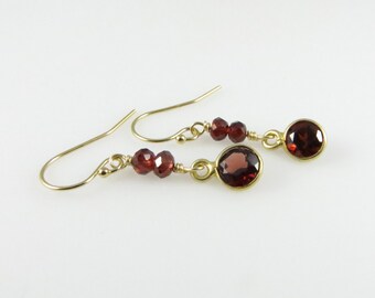 Genuine Garnet Dangle Earrings - Gold Fill - Ready to Ship (E188)