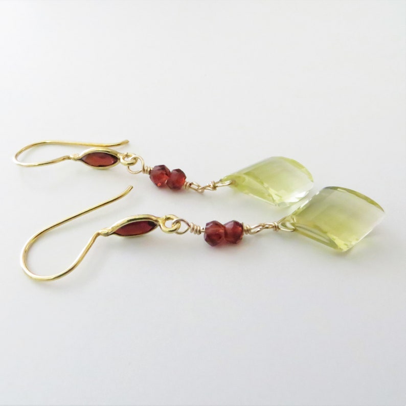 Lemon Quartz and Garnet Dangle Earrings Gold Fill, Gemstone Beads Ready to Ship E131 image 5