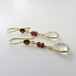 Crystal and Garnet Dangle Earrings Gold Fill, Gemstone Beads Ready to Ship E145 image 1