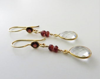 Crystal and Garnet Dangle Earrings - Gold Fill, Gemstone Beads - Ready to Ship (E145)