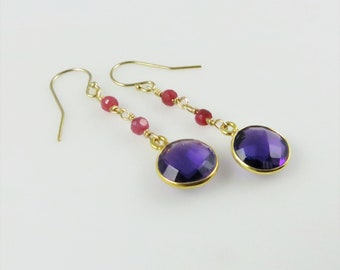 Amethyst & Ruby Earrings - Gold Fill, Gemstone Beads - Ready to Ship (E155)