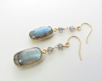 Labradorite Rectangle Earrings - Gold Fill, Gemstone Beads - Ready to Ship (E140)