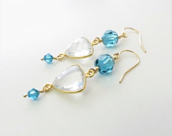 Crystal and Blue Swarovski Dangle Earrings - Gold Fill - Ready to Ship (E229)