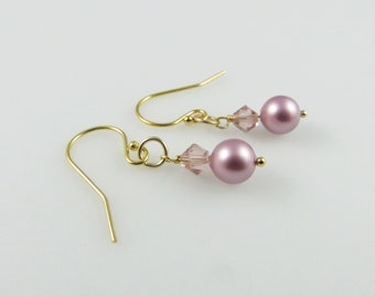 Pink Pearl Drop Earrings - Swarovski, Gold Fill - Ready to Ship (E239C)