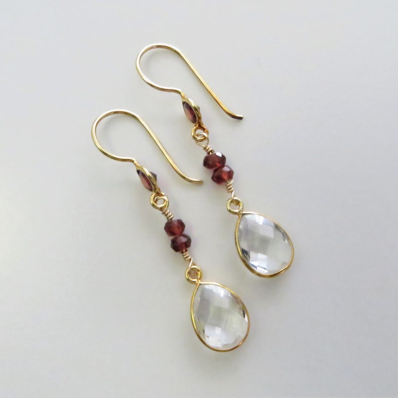 Crystal and Garnet Dangle Earrings Gold Fill, Gemstone Beads Ready to Ship E145 image 4