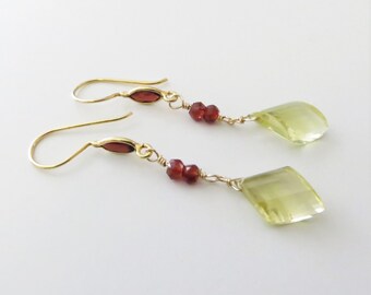 Lemon Quartz and Garnet Dangle Earrings - Gold Fill, Gemstone Beads - Ready to Ship (E131)