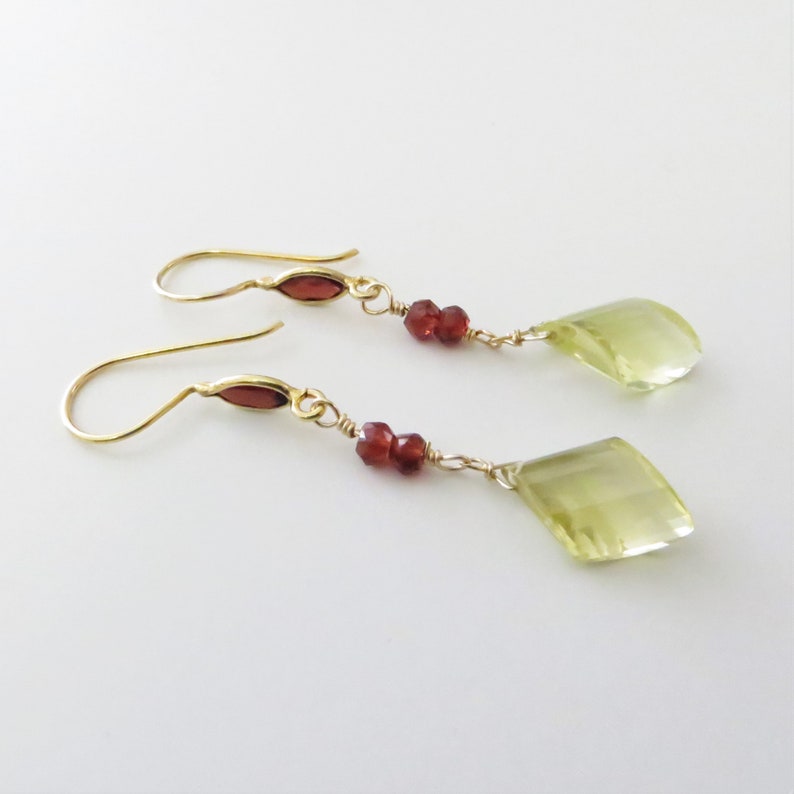 Lemon Quartz and Garnet Dangle Earrings Gold Fill, Gemstone Beads Ready to Ship E131 image 1