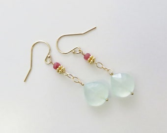 Aqua Chalcedony and Ruby Dangle Earrings - Gold Fill, Gemstone Beads (E138)