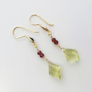 Lemon Quartz and Garnet Dangle Earrings Gold Fill, Gemstone Beads Ready to Ship E131 image 2